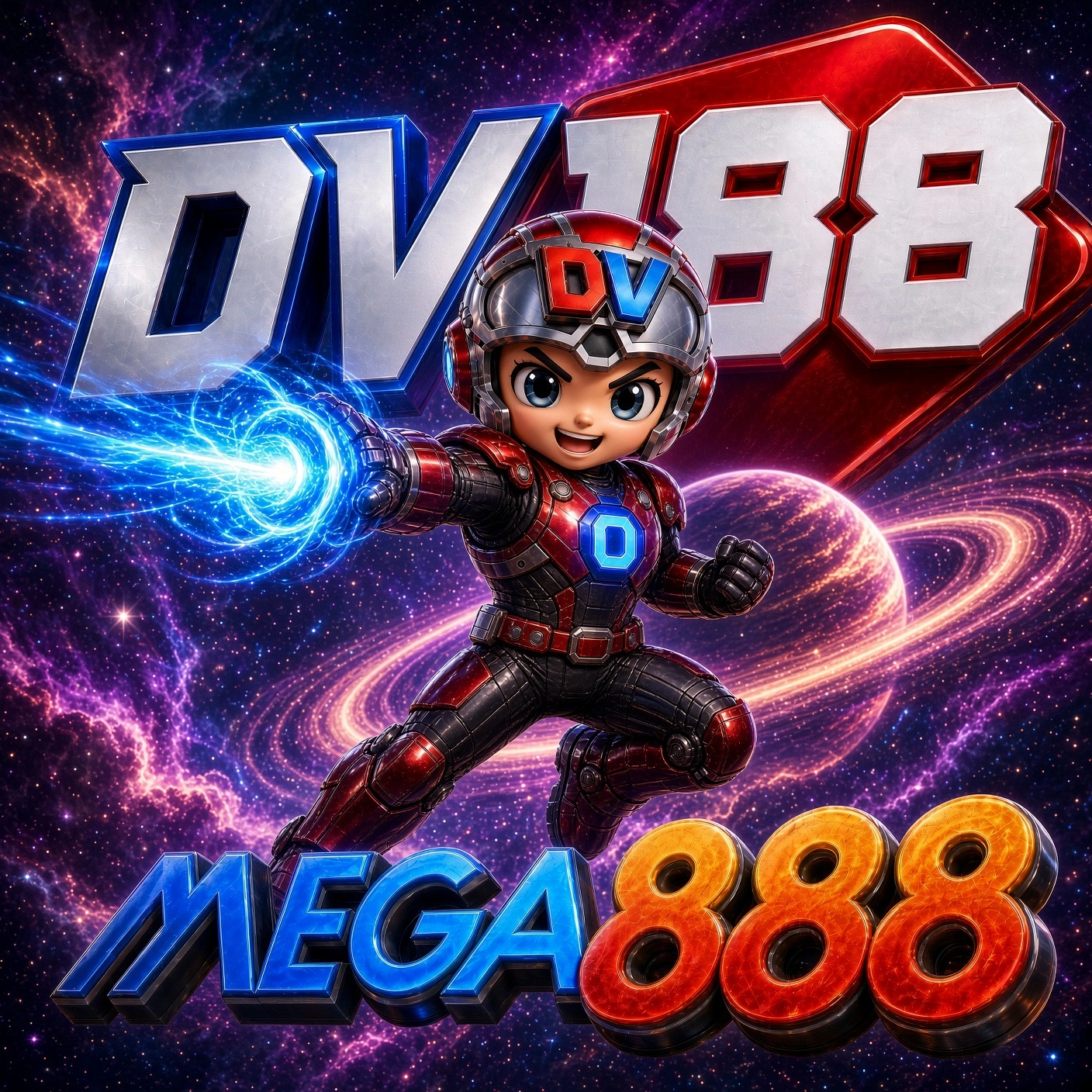 Mega888 and DV188 artwork showing a mascot with a blue energy burst and planetary backdrop
